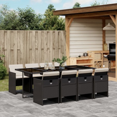 vidaXL Set de comedor de jardín 9 pzas y cojines ratán sintético negro