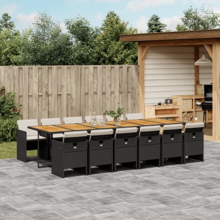 vidaXL Set comedor de jardín con cojines 13 pzas ratán sintético negro