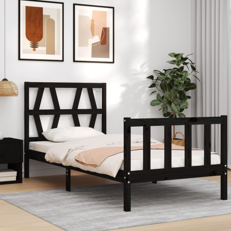 vidaXL Estructura de cama individual con cabecero madera maciza negro vidaXL Estructura de cama individual con cabecero madera maciza negro