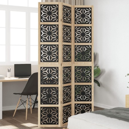 vidaXL Biombo separador 3 paneles madera maciza Paulownia marrón negro