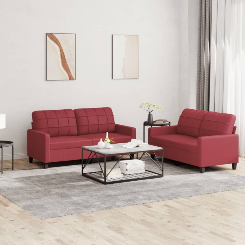 vidaXL Juego de sofás con cojines 2 piezas cuero sintético rojo tinto vidaXL Juego de sofás con cojines 2 piezas cuero sintético rojo tinto