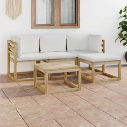 vidaXL Set de muebles de jardín 5 piezas bambú y cojines blanco crema