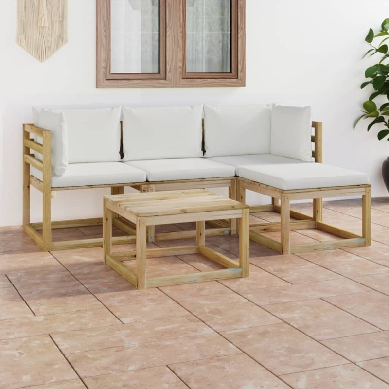 vidaXL Set de muebles de jardín 5 piezas bambú y cojines blanco crema vidaXL Set de muebles de jardín 5 piezas bambú y cojines blanco crema