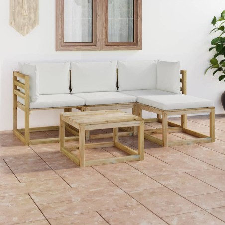 vidaXL Set de muebles de jardín 5 piezas bambú y cojines blanco crema