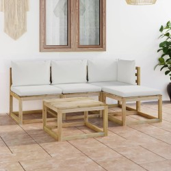 vidaXL Set de muebles de jardín 5 piezas bambú y cojines blanco crema