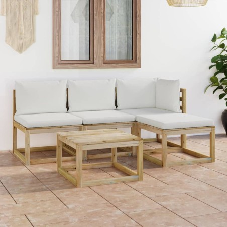 vidaXL Set de muebles de jardín 5 piezas bambú y cojines blanco crema