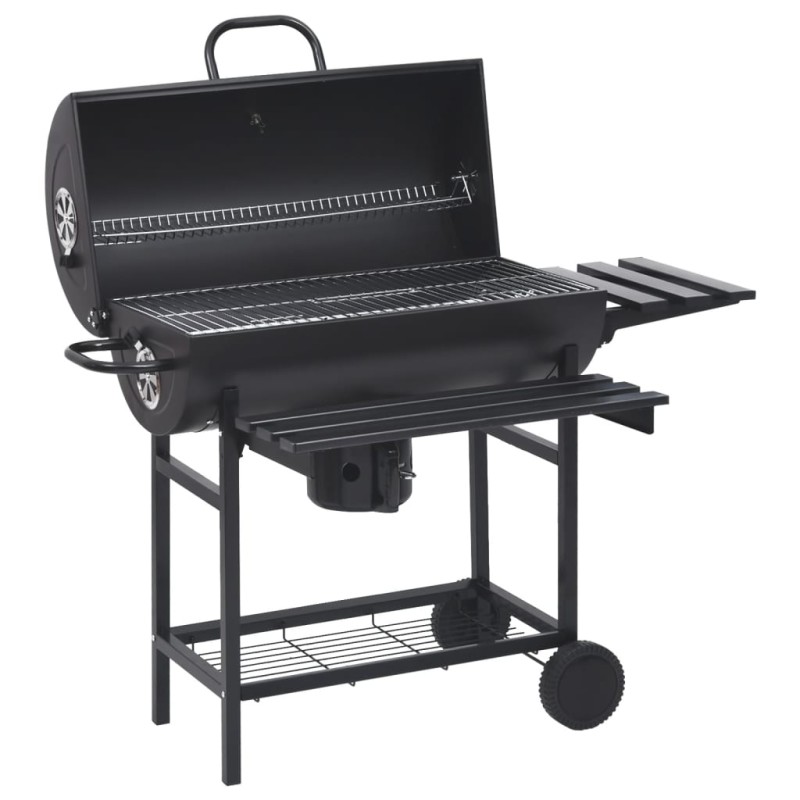 vidaXL Parrilla de barril ruedas y estantes acero negro 115x85x95 cm vidaXL Parrilla de barril ruedas y estantes acero negro 115x85x95 cm