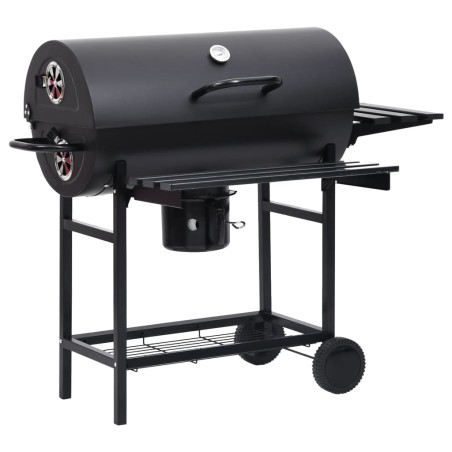 vidaXL Parrilla de barril ruedas y estantes acero negro 115x85x95 cm