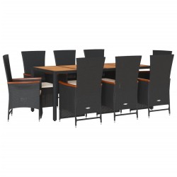 vidaXL Set de comedor de jardín 9 pzas y cojines ratán sintético negro