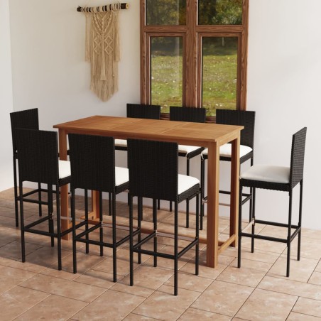 vidaXL Conjunto de bar para jardín 9 piezas con cojines negro