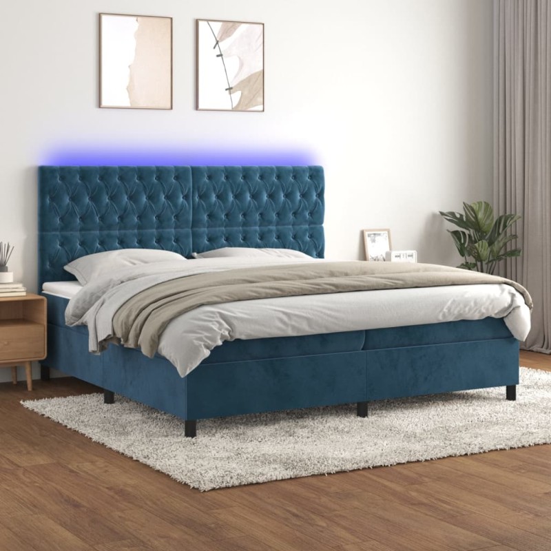 vidaXL Cama box spring colchón y LED terciopelo azul oscuro 200x200 cm vidaXL Cama box spring colchón y LED terciopelo azul oscuro 200x200 cm