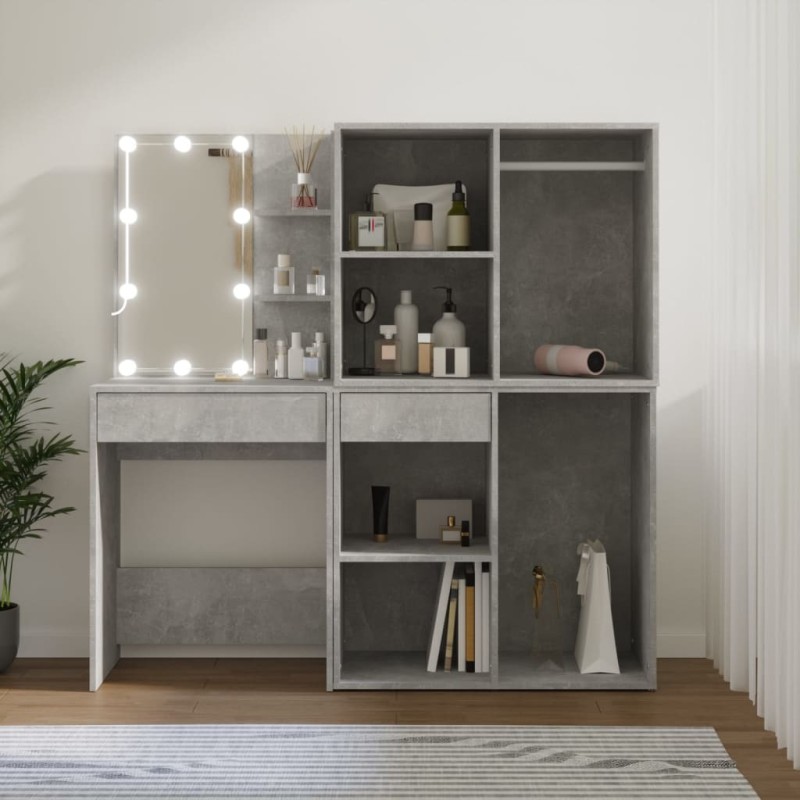 vidaXL Tocador con LED y 2 armarios madera contrachapada gris hormigón vidaXL Tocador con LED y 2 armarios madera contrachapada gris hormigón