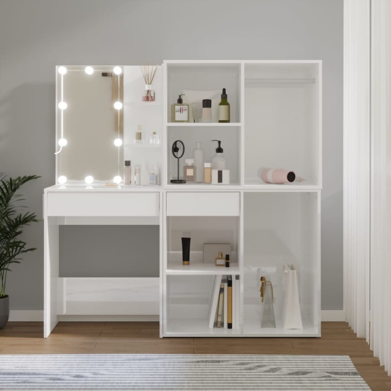 vidaXL Tocador con LED y 2 armarios madera contrachapada blanco brillo vidaXL Tocador con LED y 2 armarios madera contrachapada blanco brillo