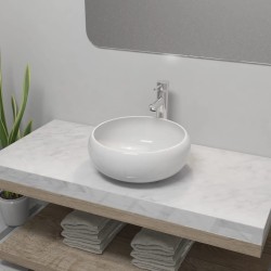 vidaXL Lavabo de baño redondo con grifo mezclador cerámica blanco