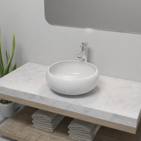 vidaXL Lavabo de baño redondo con grifo mezclador cerámica blanco