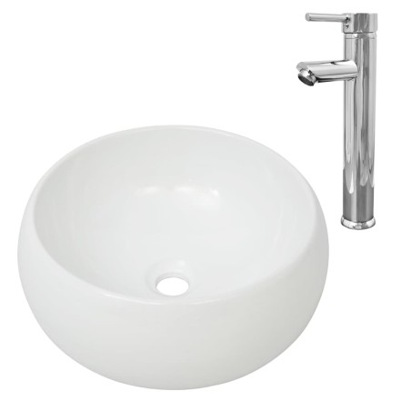 vidaXL Lavabo de baño redondo con grifo mezclador cerámica blanco