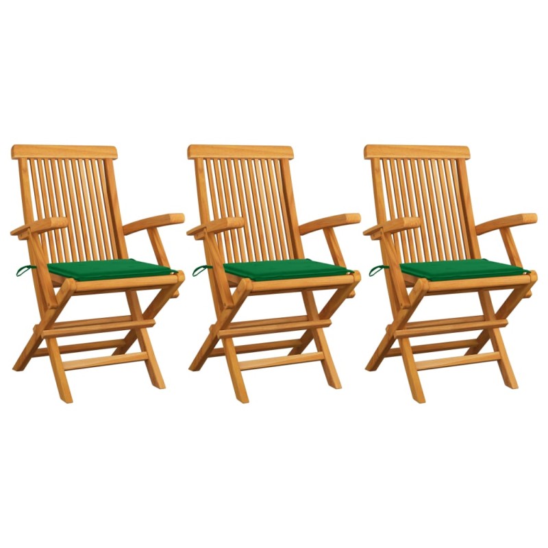 vidaXL Sillas de jardín 3 uds madera maciza de teca con cojines verdes vidaXL Sillas de jardín 3 uds madera maciza de teca con cojines verdes