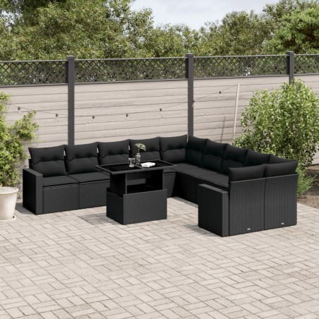 vidaXL Set de sofás de jardín 11 pzas y cojines ratán sintético negro