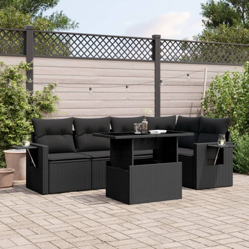 vidaXL Set de sofás de jardín 6 piezas y cojines ratán sintético negro vidaXL Set de sofás de jardín 6 piezas y cojines ratán sintético negro