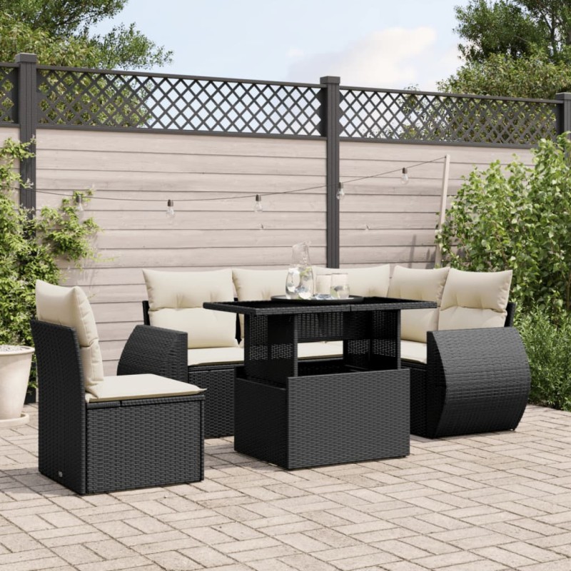 vidaXL Set de sofás de jardín 6 piezas y cojines ratán sintético negro vidaXL Set de sofás de jardín 6 piezas y cojines ratán sintético negro