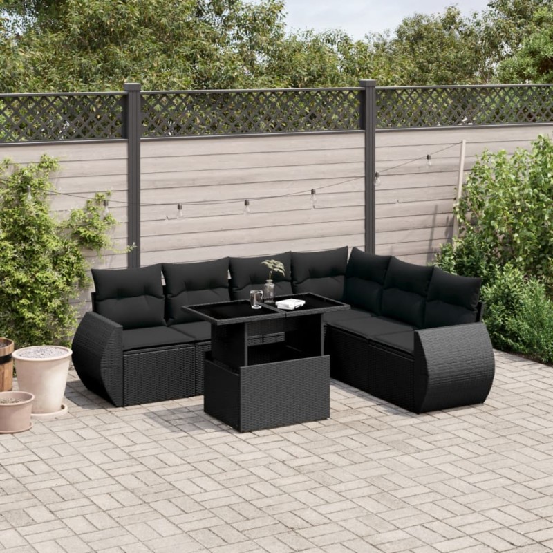 vidaXL Set de sofás de jardín 7 pzas con cojines ratán sintético negro vidaXL Set de sofás de jardín 7 pzas con cojines ratán sintético negro