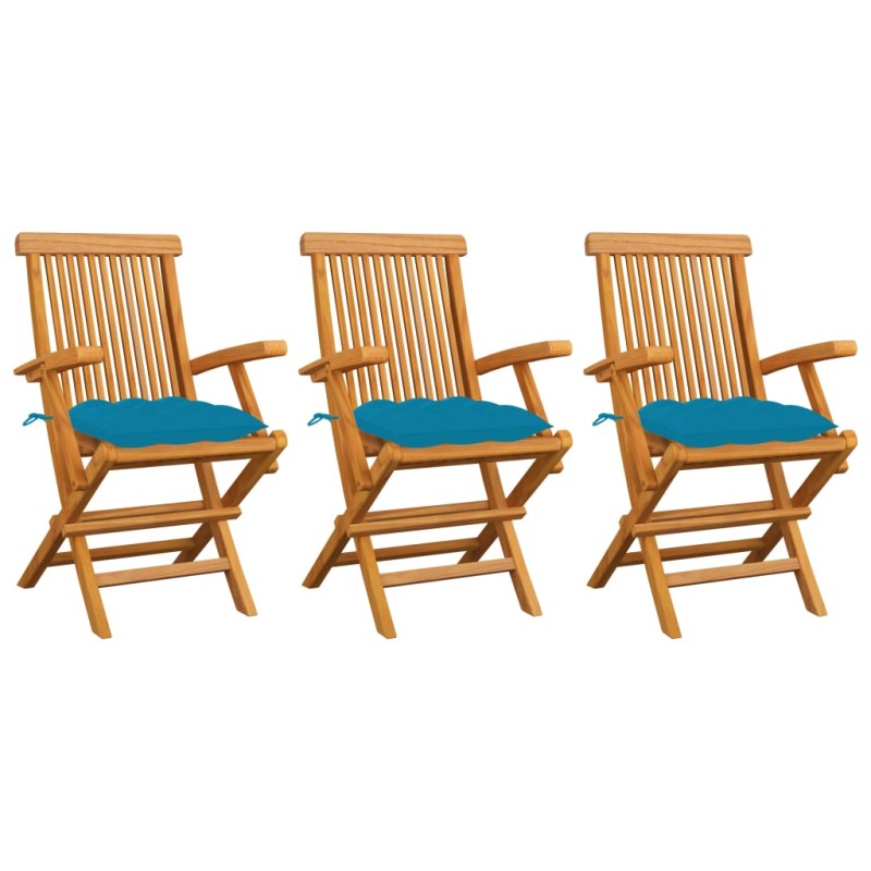 vidaXL Sillas de jardín 3 uds madera teca con cojines azul claro vidaXL Sillas de jardín 3 uds madera teca con cojines azul claro