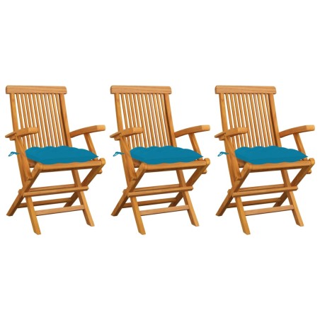 vidaXL Sillas de jardín 3 uds madera teca con cojines azul claro