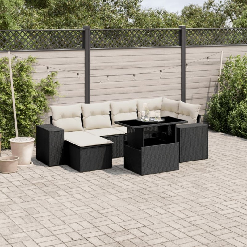 vidaXL Set de sofás de jardín 7 pzas con cojines ratán sintético negro vidaXL Set de sofás de jardín 7 pzas con cojines ratán sintético negro