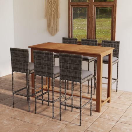 vidaXL Conjunto de bar para jardín 7 piezas con cojines gris