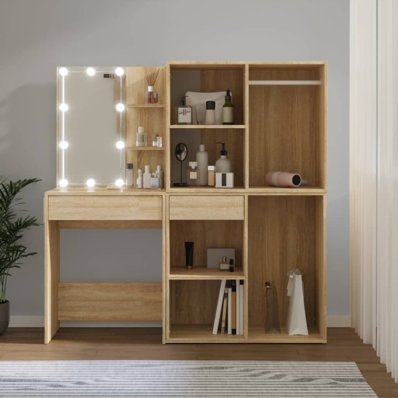 vidaXL Tocador con LED y 2 armarios madera contrachapada roble Sonoma vidaXL Tocador con LED y 2 armarios madera contrachapada roble Sonoma