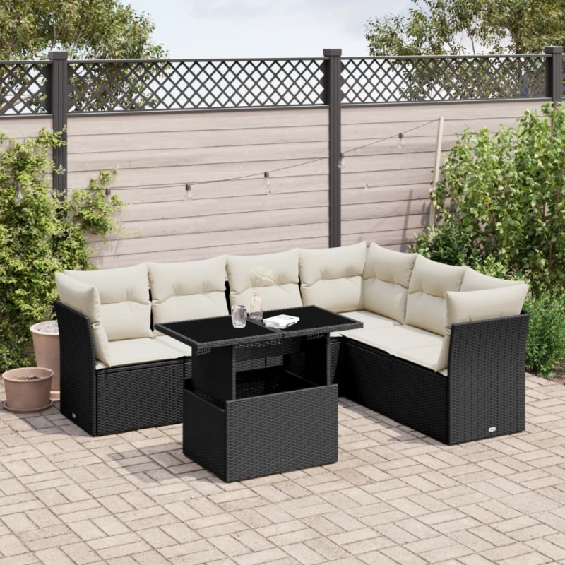 vidaXL Set de sofás de jardín 7 pzas con cojines ratán sintético negro vidaXL Set de sofás de jardín 7 pzas con cojines ratán sintético negro