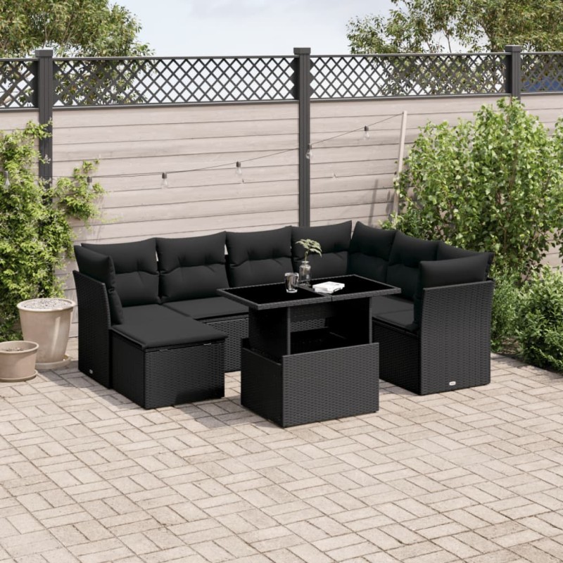 vidaXL Set de sofás de jardín 8 piezas y cojines ratán sintético negro vidaXL Set de sofás de jardín 8 piezas y cojines ratán sintético negro