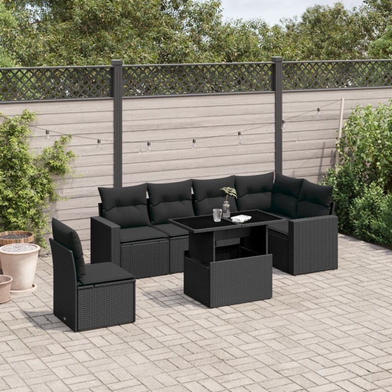 vidaXL Set de sofás de jardín 7 pzas con cojines ratán sintético negro vidaXL Set de sofás de jardín 7 pzas con cojines ratán sintético negro