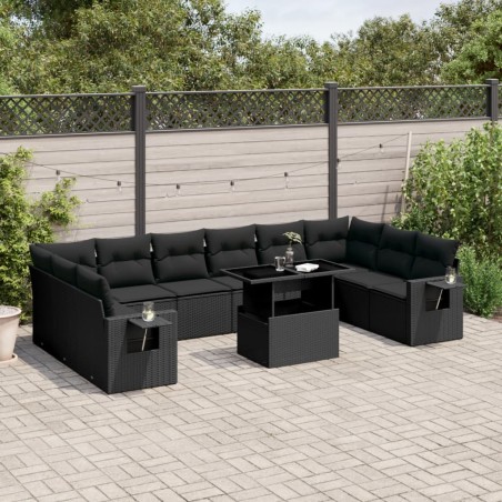 vidaXL Set de sofás de jardín 11 pzas y cojines ratán sintético negro