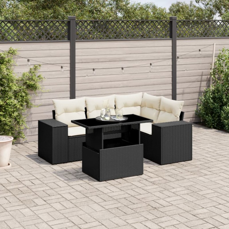 vidaXL Set de muebles de jardín 5 pzas y cojines ratán sintético negro vidaXL Set de muebles de jardín 5 pzas y cojines ratán sintético negro