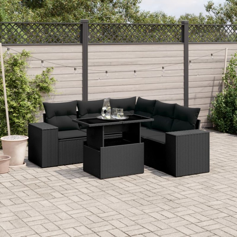 vidaXL Set de sofás de jardín 6 piezas y cojines ratán sintético negro vidaXL Set de sofás de jardín 6 piezas y cojines ratán sintético negro