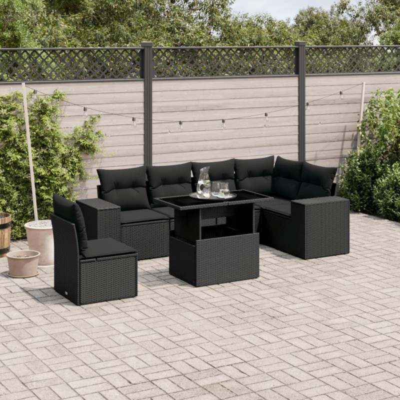 vidaXL Set de sofás de jardín 7 pzas con cojines ratán sintético negro vidaXL Set de sofás de jardín 7 pzas con cojines ratán sintético negro
