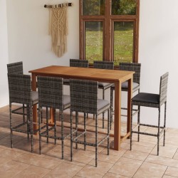 vidaXL Set de bar para jardín 9 piezas y cojines ratán sintético gris