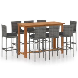 vidaXL Set de bar para jardín 9 piezas y cojines ratán sintético gris