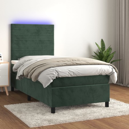 vidaXL Cama box spring colchón y LED terciopelo verde oscuro 80x200 cm