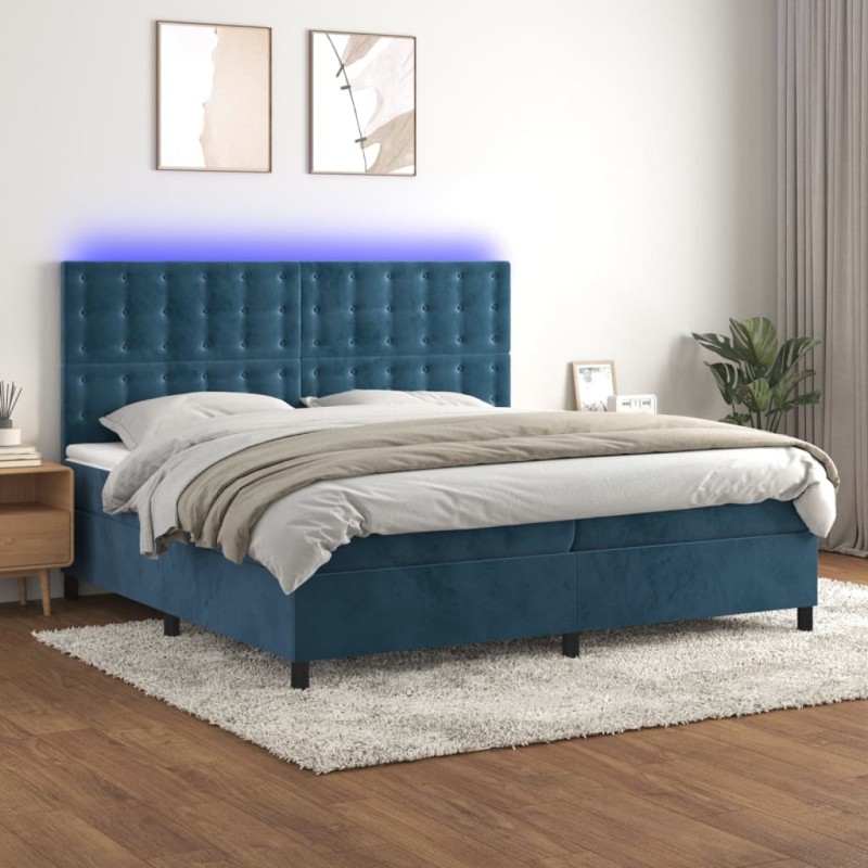 vidaXL Cama box spring colchón y LED terciopelo azul oscuro 200x200 cm