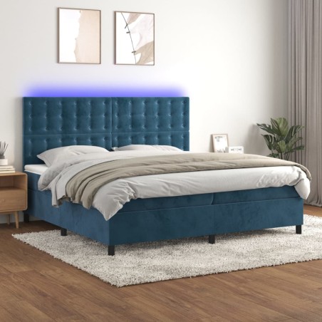 vidaXL Cama box spring colchón y LED terciopelo azul oscuro 200x200 cm