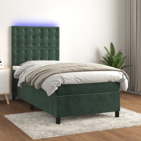 vidaXL Cama box spring colchón y LED terciopelo verde oscuro 80x200 cm