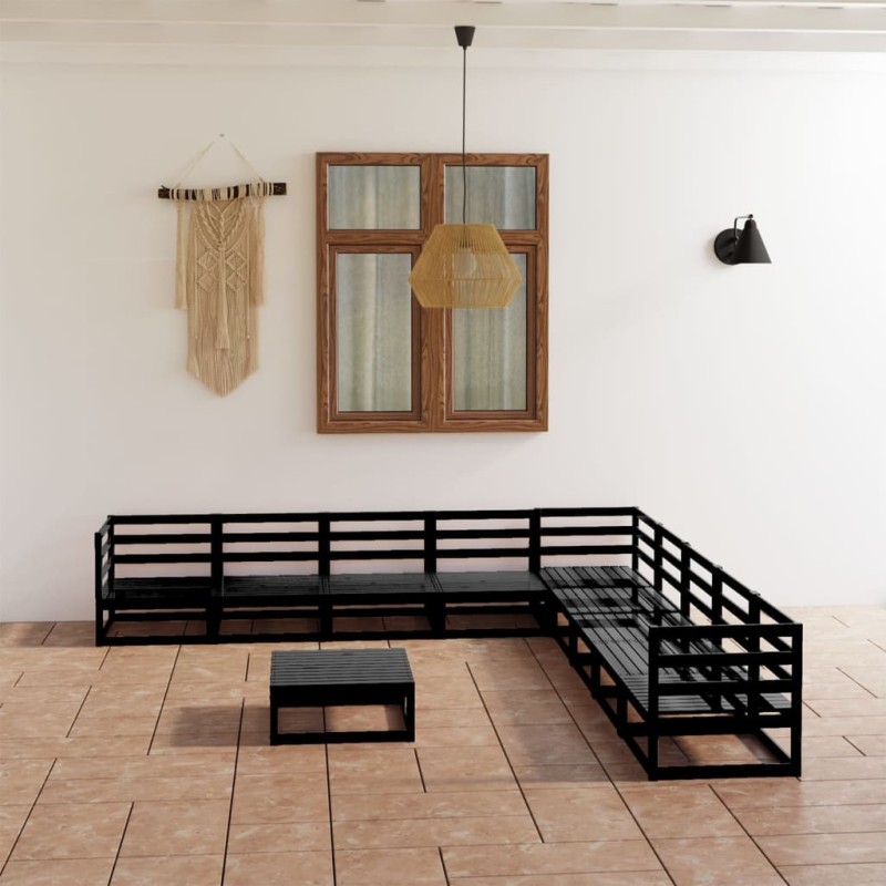 vidaXL Juego de muebles de jardín 10 pzas y cojines negro madera pino vidaXL Juego de muebles de jardín 10 pzas y cojines negro madera pino