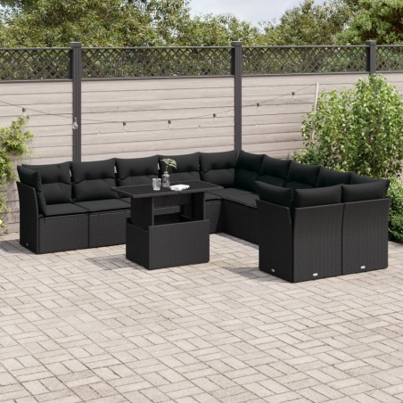 vidaXL Set de sofás de jardín 11 pzas y cojines ratán sintético negro