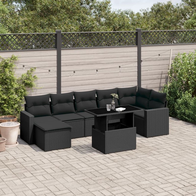 vidaXL Set de sofás de jardín 8 piezas y cojines ratán sintético negro vidaXL Set de sofás de jardín 8 piezas y cojines ratán sintético negro