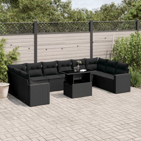 vidaXL Set de sofás de jardín 11 pzas y cojines ratán sintético negro