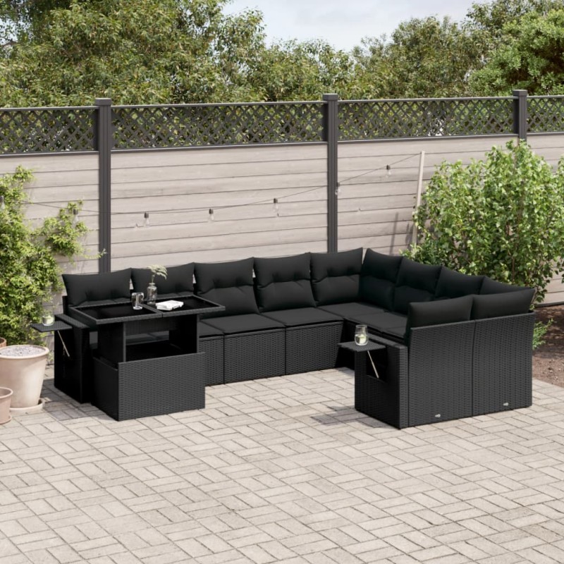 vidaXL Set de sofás de jardín 10 pzas cojines ratán sintético negro vidaXL Set de sofás de jardín 10 pzas cojines ratán sintético negro