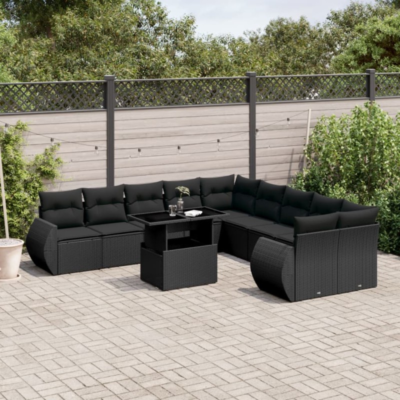 vidaXL Set de sofás de jardín 11 pzas y cojines ratán sintético negro vidaXL Set de sofás de jardín 11 pzas y cojines ratán sintético negro
