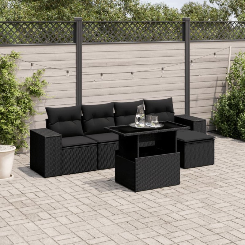 vidaXL Set de sofás de jardín 6 piezas y cojines ratán sintético negro vidaXL Set de sofás de jardín 6 piezas y cojines ratán sintético negro
